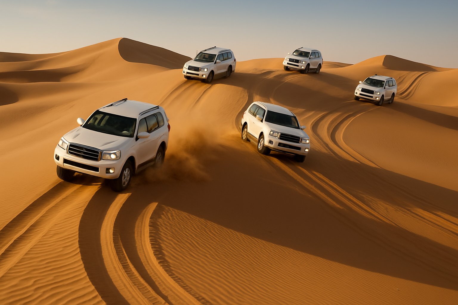 Adventurous desert safari with 4x4 vehicles driving over sand dunes