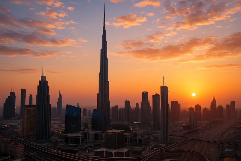 Dubai skyline featuring Burj Khalifa at sunset Dubai skyline featuring Burj Khalifa at sunset