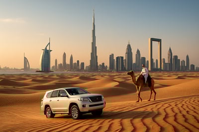 Skyline of Dubai with iconic landmarks and desert adventure