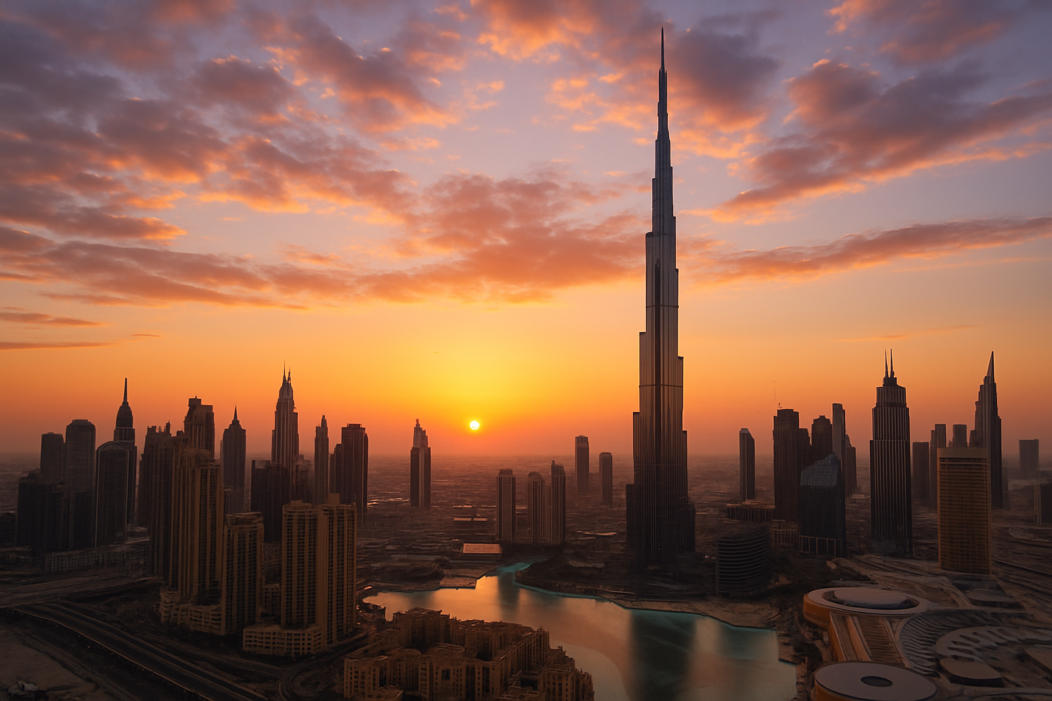 Stunning view of Burj Khalifa and Dubai skyline at sunset