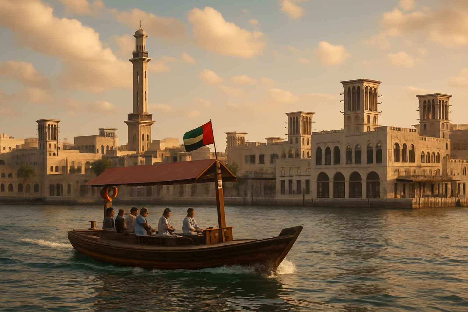 Traditional abra boat crossing Dubai Creek with historical architecture